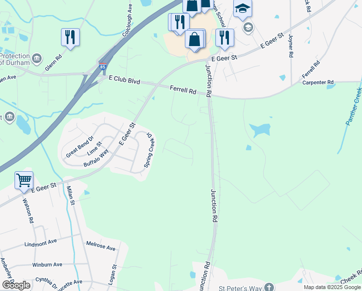 map of restaurants, bars, coffee shops, grocery stores, and more near 2201 Crestwood Ridge Drive in Durham