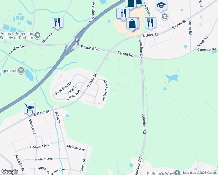 map of restaurants, bars, coffee shops, grocery stores, and more near 2036 Spring Creek Drive in Durham
