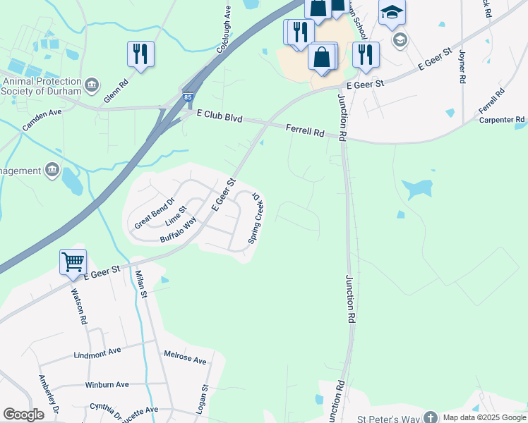 map of restaurants, bars, coffee shops, grocery stores, and more near 2036 Spring Creek Drive in Durham