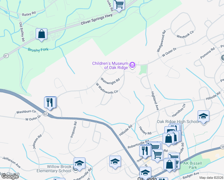 map of restaurants, bars, coffee shops, grocery stores, and more near 144 West Wadsworth Circle in Oak Ridge