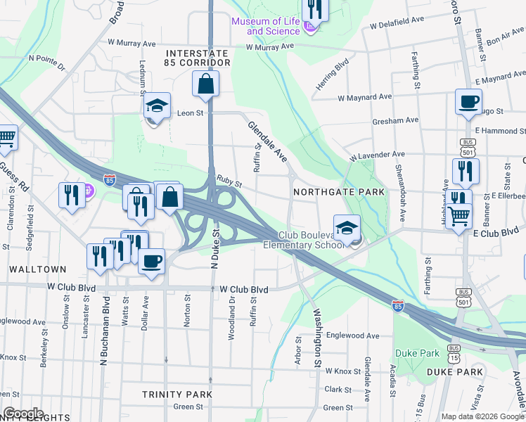 map of restaurants, bars, coffee shops, grocery stores, and more near 1907 Ruffin Street in Durham