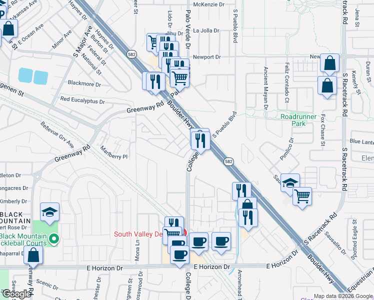 map of restaurants, bars, coffee shops, grocery stores, and more near 227 College Drive in Henderson