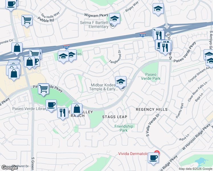 map of restaurants, bars, coffee shops, grocery stores, and more near 219 Cimarron Village Way in Henderson