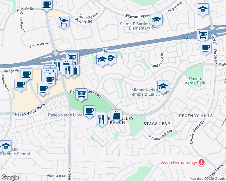 map of restaurants, bars, coffee shops, grocery stores, and more near 2049 Foxfire Court in Henderson