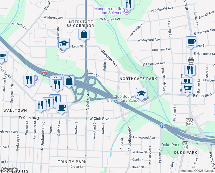 map of restaurants, bars, coffee shops, grocery stores, and more near 1907 Ruffin Street in Durham