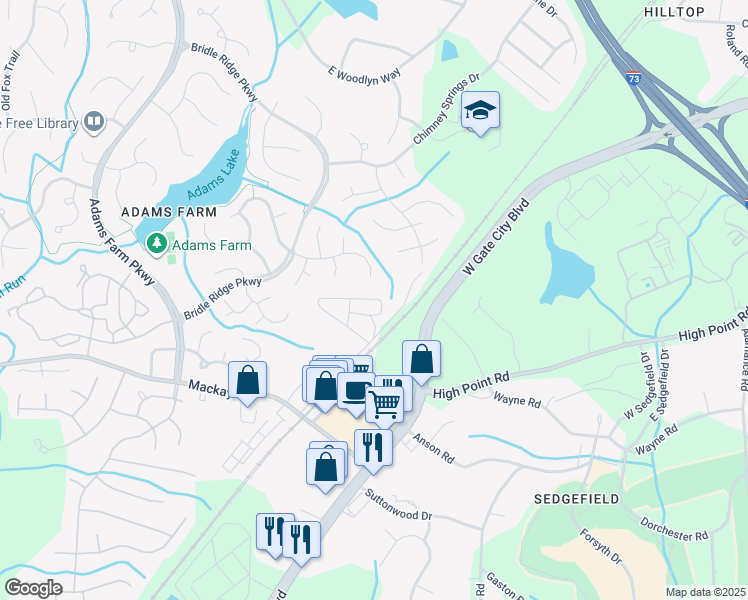 map of restaurants, bars, coffee shops, grocery stores, and more near 4802 Adams Ridge Drive in Greensboro