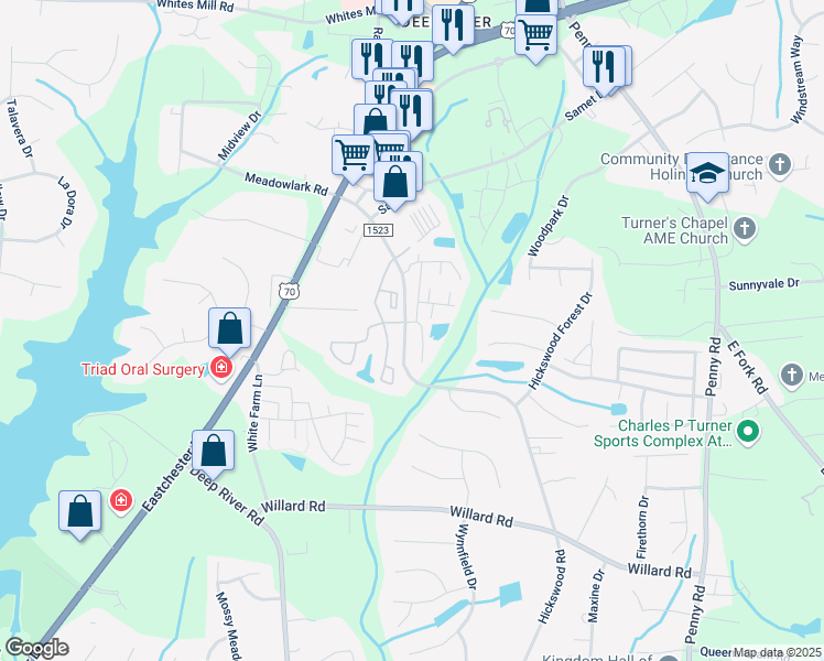 map of restaurants, bars, coffee shops, grocery stores, and more near 3710 Spanish Peak Drive in High Point