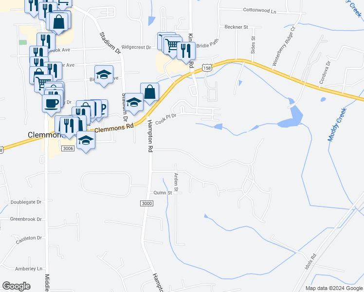 map of restaurants, bars, coffee shops, grocery stores, and more near 6129 Arden Drive in Clemmons