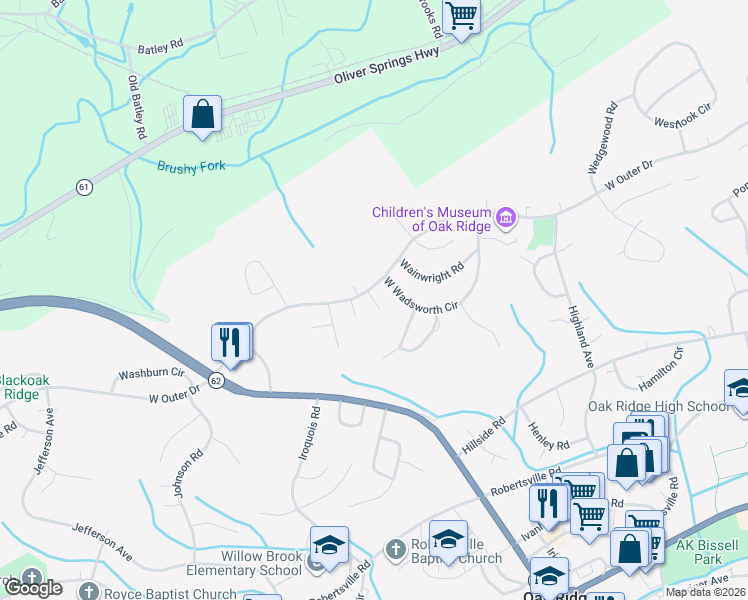 map of restaurants, bars, coffee shops, grocery stores, and more near 103 Walnut Lane in Oak Ridge