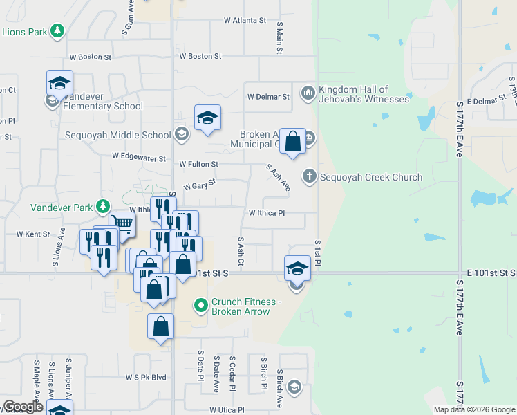map of restaurants, bars, coffee shops, grocery stores, and more near 3021 South Ash Place in Broken Arrow