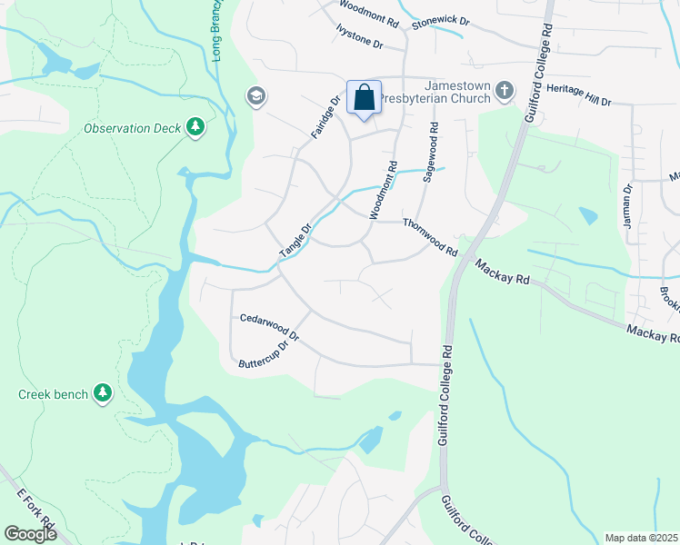 map of restaurants, bars, coffee shops, grocery stores, and more near 203 Hidden Ridge Drive in Jamestown