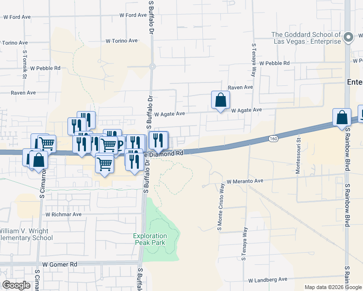 map of restaurants, bars, coffee shops, grocery stores, and more near 7688 Blue Diamond Road in Las Vegas