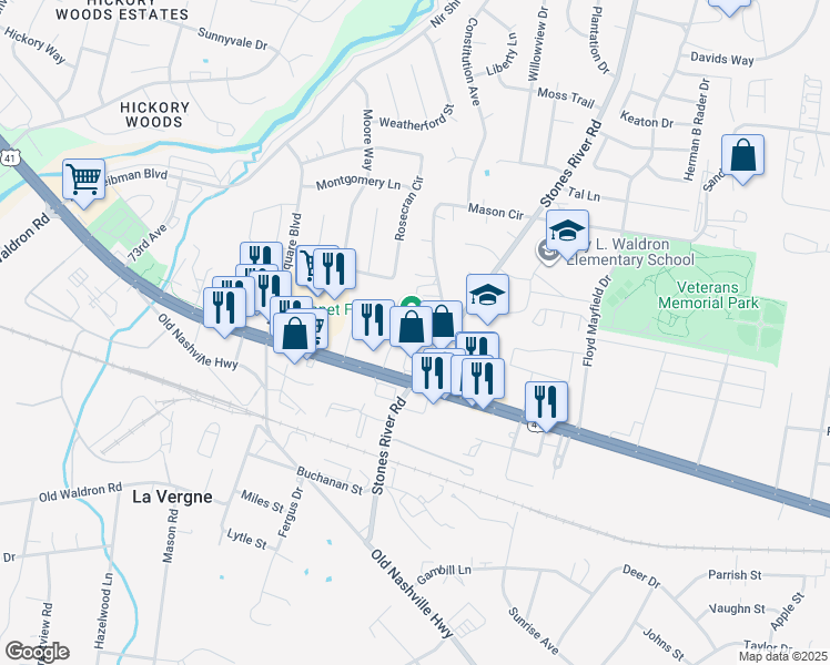 map of restaurants, bars, coffee shops, grocery stores, and more near 5185 Murfreesboro Road in La Vergne