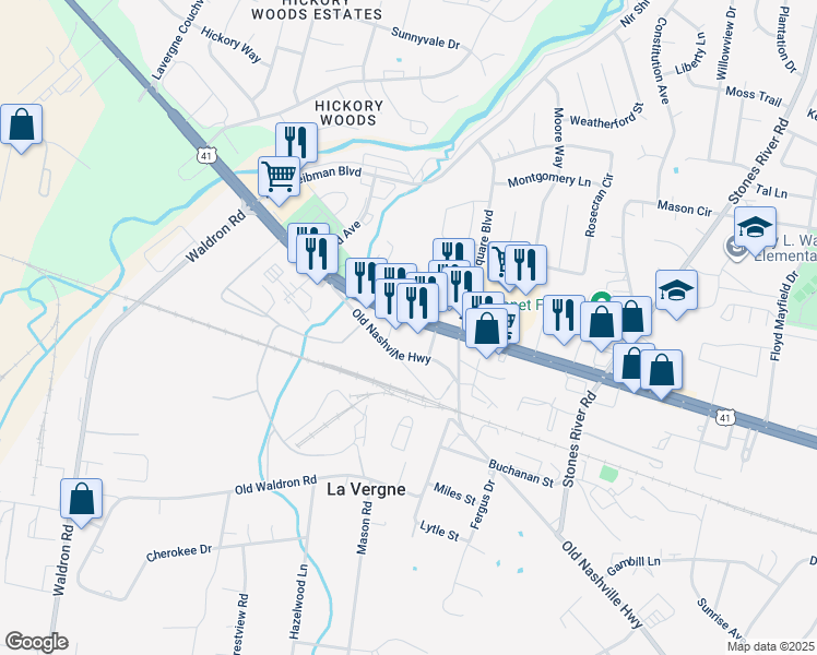 map of restaurants, bars, coffee shops, grocery stores, and more near 5100 Nashville Highway in La Vergne