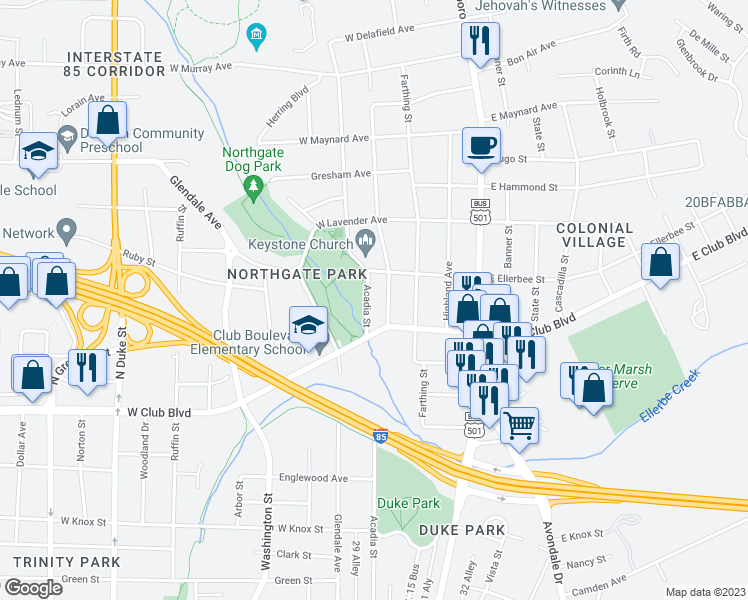map of restaurants, bars, coffee shops, grocery stores, and more near 2418 Acadia Street in Durham