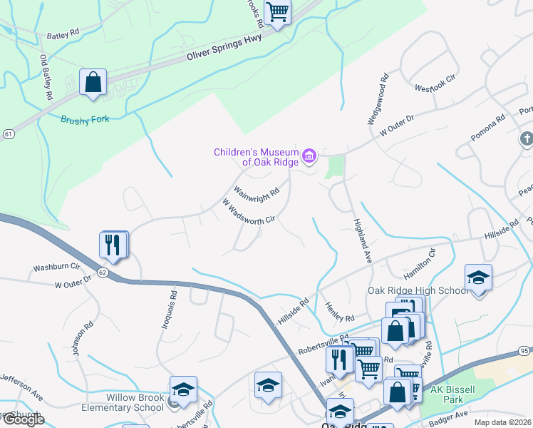 map of restaurants, bars, coffee shops, grocery stores, and more near 144 West Wadsworth Circle in Oak Ridge