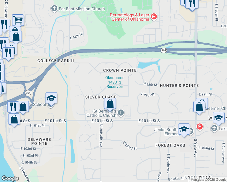 map of restaurants, bars, coffee shops, grocery stores, and more near 3813 East 99th Place in Tulsa