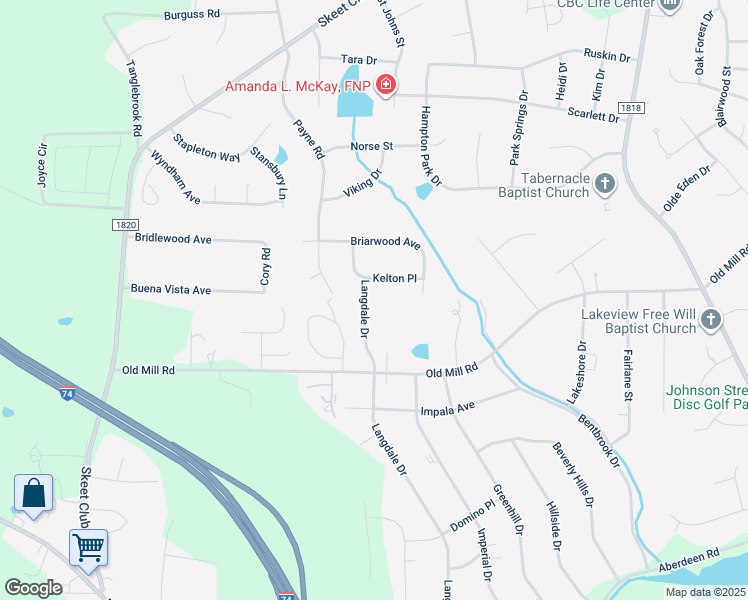 map of restaurants, bars, coffee shops, grocery stores, and more near 3818 Langdale Drive in High Point