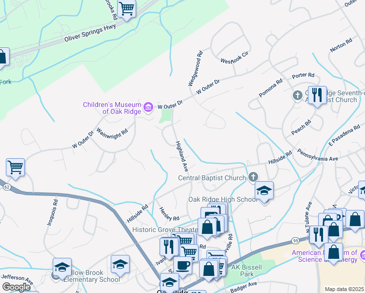 map of restaurants, bars, coffee shops, grocery stores, and more near 236 Highland Avenue in Oak Ridge