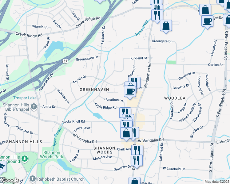 map of restaurants, bars, coffee shops, grocery stores, and more near 555 Mystic Drive in Greensboro