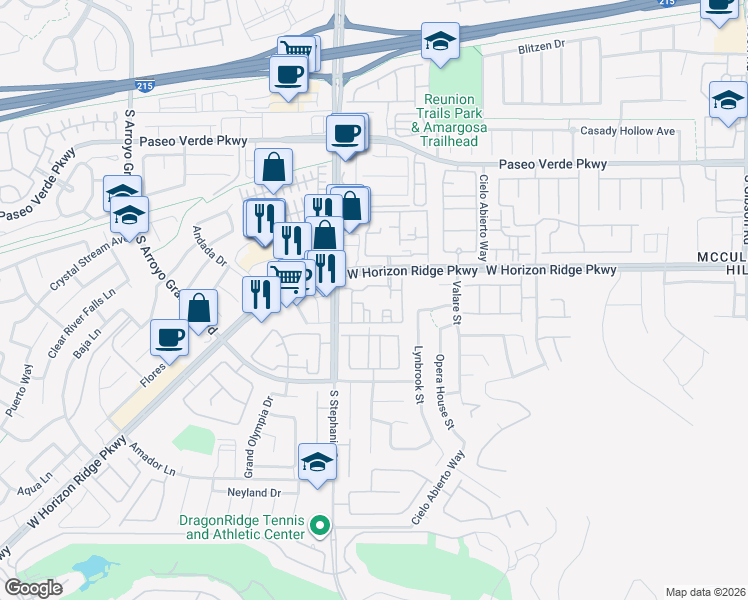 map of restaurants, bars, coffee shops, grocery stores, and more near 1349 West Horizon Ridge Parkway in Henderson