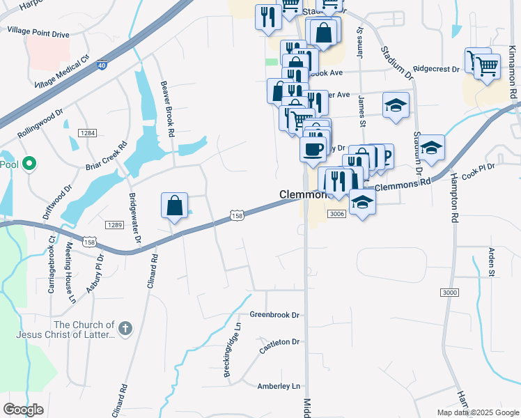 map of restaurants, bars, coffee shops, grocery stores, and more near in Clemmons