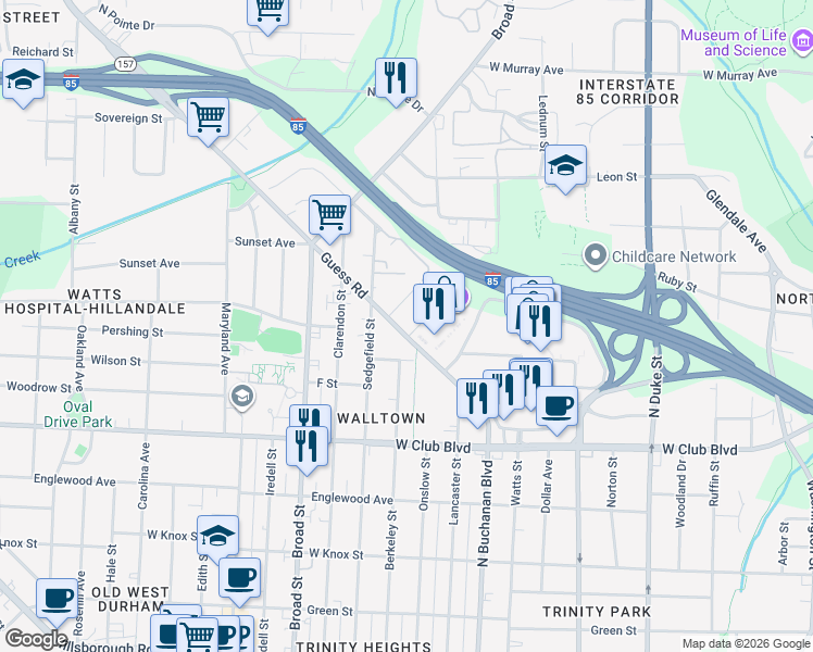 map of restaurants, bars, coffee shops, grocery stores, and more near 1407 Berkeley Street in Durham