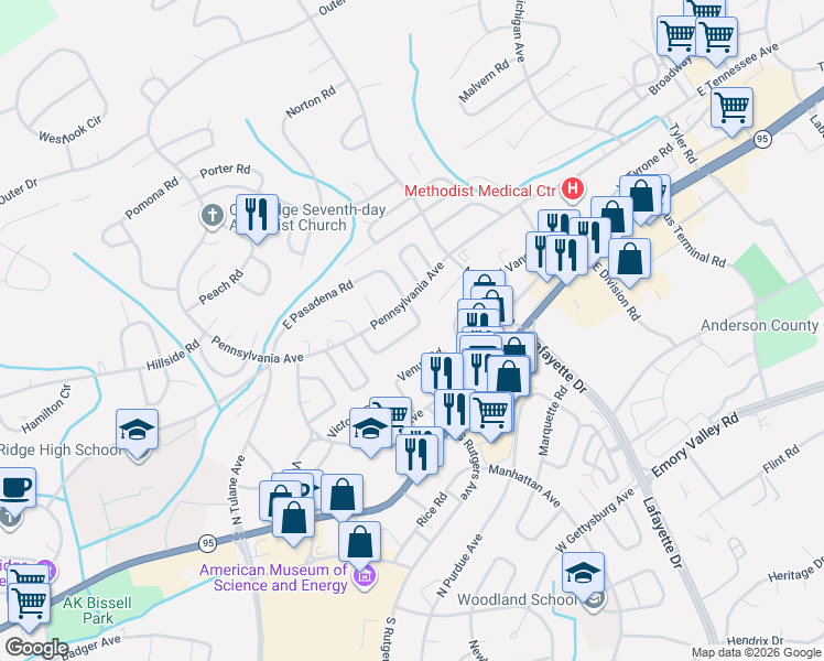 map of restaurants, bars, coffee shops, grocery stores, and more near 107 Pallas Road in Oak Ridge