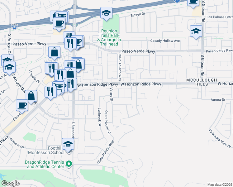 map of restaurants, bars, coffee shops, grocery stores, and more near 191 Vander Ridge Street in Henderson