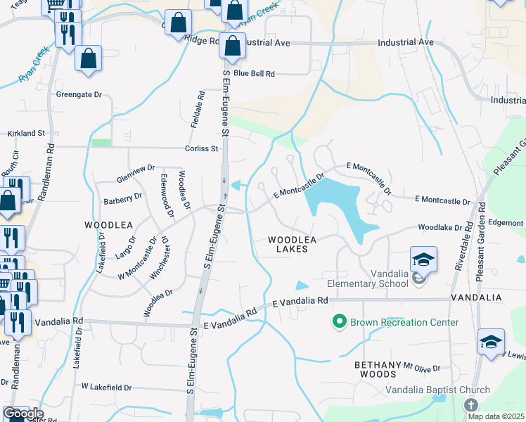 map of restaurants, bars, coffee shops, grocery stores, and more near 204 East Montcastle Drive in Greensboro