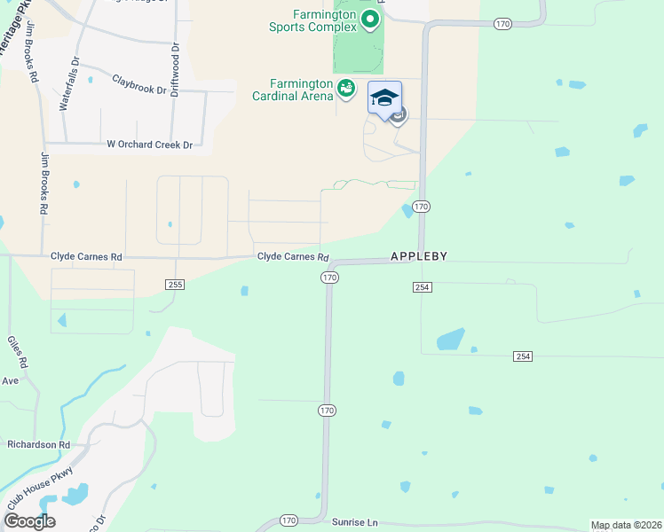 map of restaurants, bars, coffee shops, grocery stores, and more near Arkansas 170 in Farmington