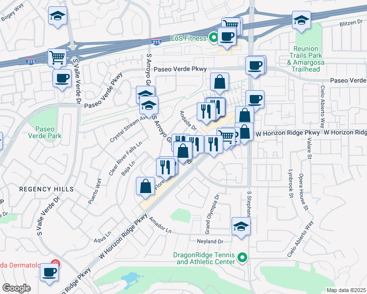 map of restaurants, bars, coffee shops, grocery stores, and more near 1498 Rancho Navarro Street in Henderson