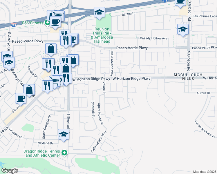 map of restaurants, bars, coffee shops, grocery stores, and more near 1291 Horizon Range Avenue in Henderson