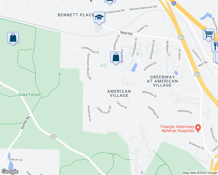 map of restaurants, bars, coffee shops, grocery stores, and more near 4418 Talcott Drive in Durham