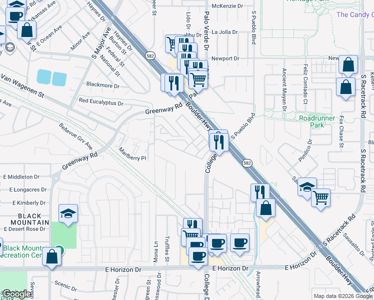 map of restaurants, bars, coffee shops, grocery stores, and more near 650 Vetiver Lane in Henderson