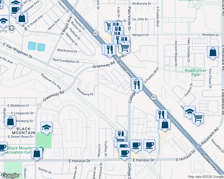 map of restaurants, bars, coffee shops, grocery stores, and more near 611 Diamond Drive in Henderson
