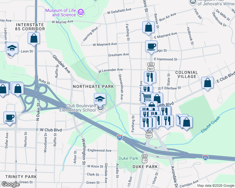 map of restaurants, bars, coffee shops, grocery stores, and more near 2417 Shenandoah Avenue in Durham