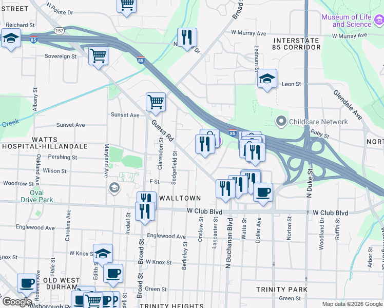 map of restaurants, bars, coffee shops, grocery stores, and more near 1407 Berkeley Street in Durham