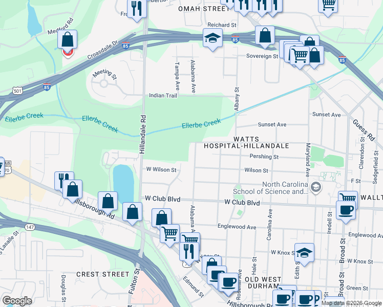 map of restaurants, bars, coffee shops, grocery stores, and more near 1500 Alabama Avenue in Durham