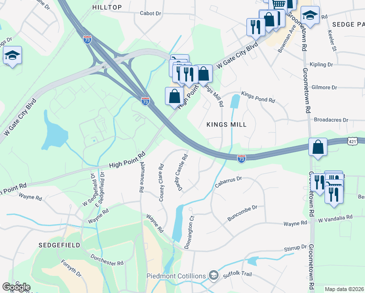 map of restaurants, bars, coffee shops, grocery stores, and more near 4419 Danby Castle Road in Greensboro