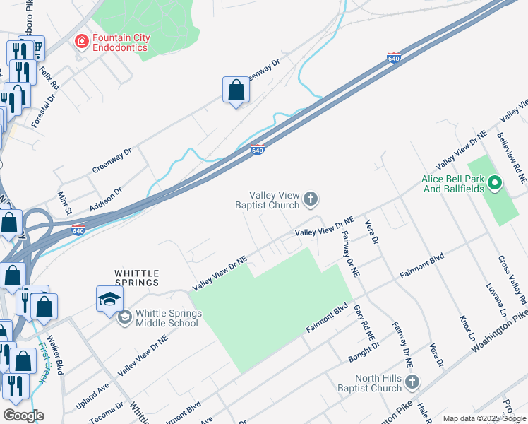 map of restaurants, bars, coffee shops, grocery stores, and more near 3630 Lyons Way in Knoxville