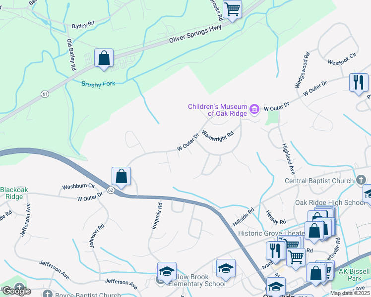 map of restaurants, bars, coffee shops, grocery stores, and more near 103 Walnut Lane in Oak Ridge