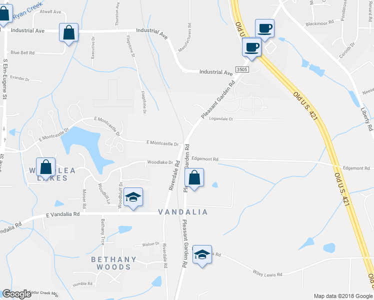 map of restaurants, bars, coffee shops, grocery stores, and more near 3507 Pleasant Garden Road in Greensboro