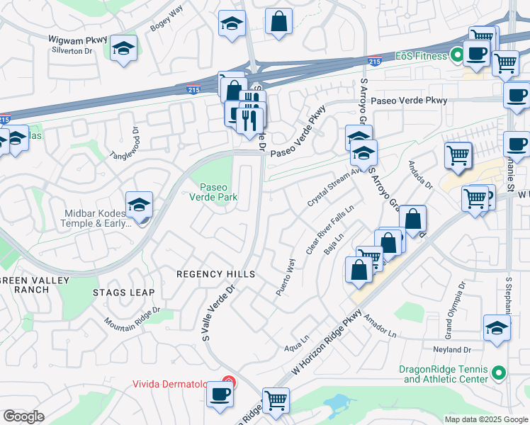 map of restaurants, bars, coffee shops, grocery stores, and more near 249 Timber Hollow Street in Henderson