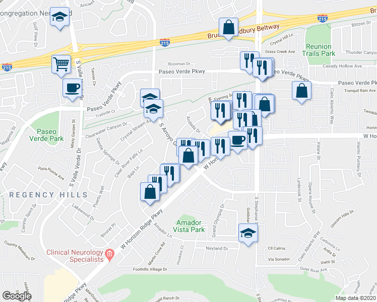 map of restaurants, bars, coffee shops, grocery stores, and more near 1498 Rancho Navarro Street in Henderson