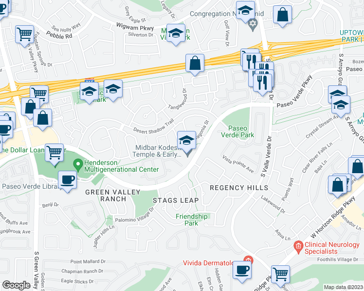 map of restaurants, bars, coffee shops, grocery stores, and more near 220 Sandpiper Village Way in Henderson