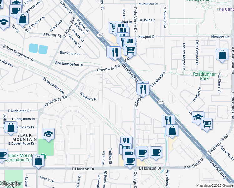 map of restaurants, bars, coffee shops, grocery stores, and more near 634 Bellus Place in Henderson