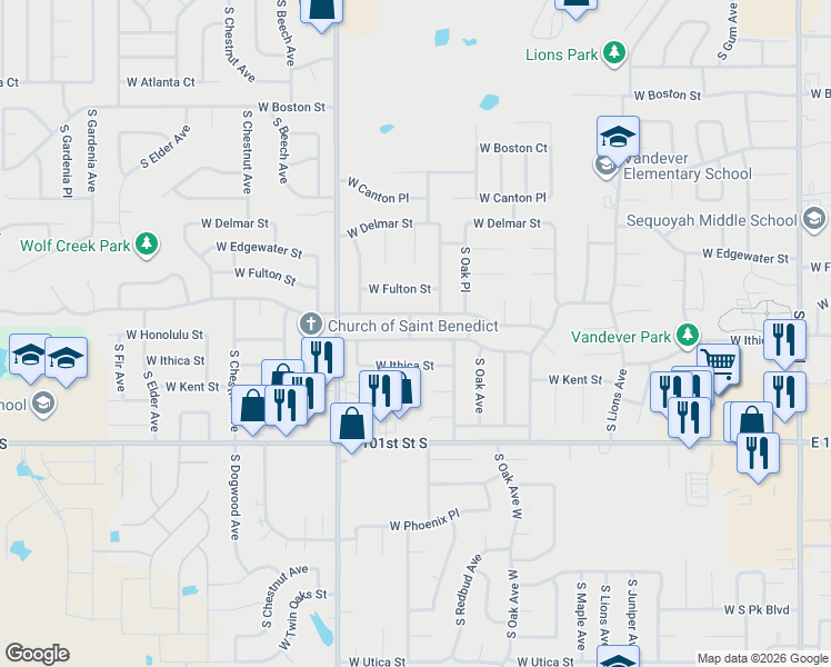 map of restaurants, bars, coffee shops, grocery stores, and more near 1824 West Honolulu Street in Broken Arrow