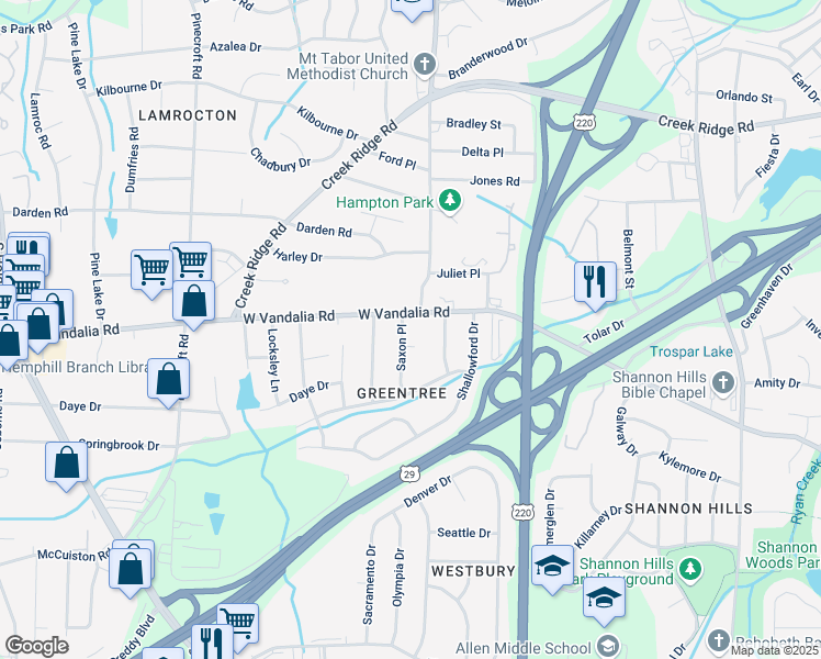 map of restaurants, bars, coffee shops, grocery stores, and more near 1303 West Vandalia Road in Greensboro