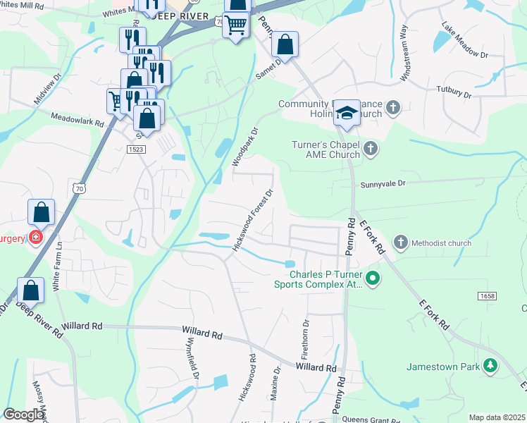 map of restaurants, bars, coffee shops, grocery stores, and more near 3624 Hickswood Forest Drive in High Point